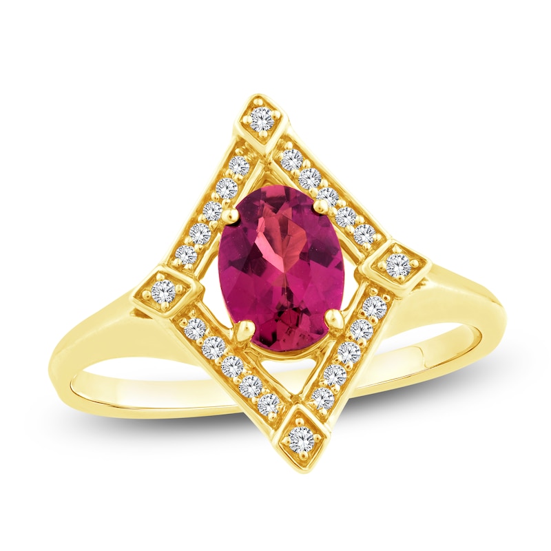 Main Image 1 of Oval-Cut Natural Brazilian Cruzeiro Pink Tourmaline & Diamond Frame Ring 1/10 ct tw 14K Yellow Gold