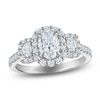 Thumbnail Image 1 of Certified Oval-Cut Diamond Three-Stone Halo Engagement Ring 1-3/8 ct tw 14K White Gold