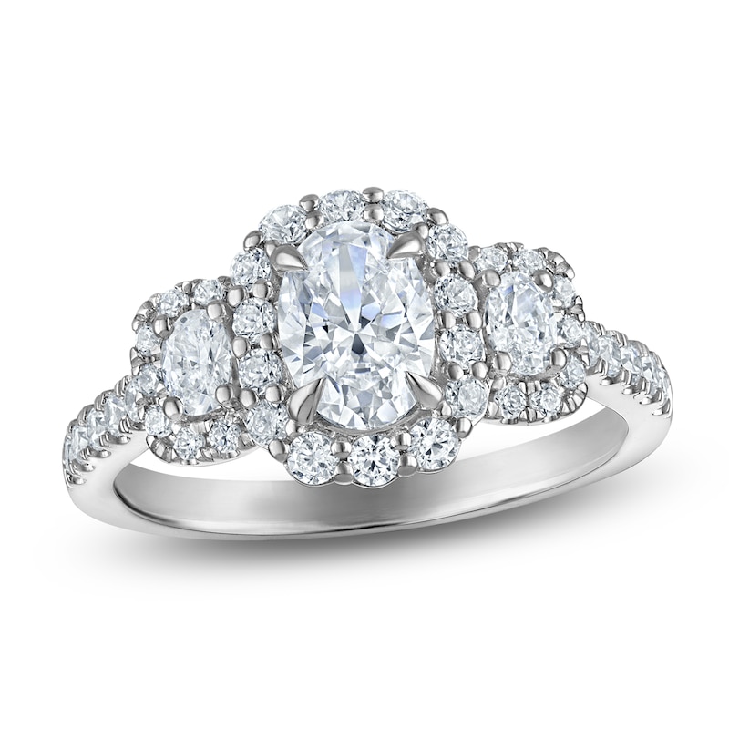 Main Image 1 of Certified Oval-Cut Diamond Three-Stone Halo Engagement Ring 1-3/8 ct tw 14K White Gold