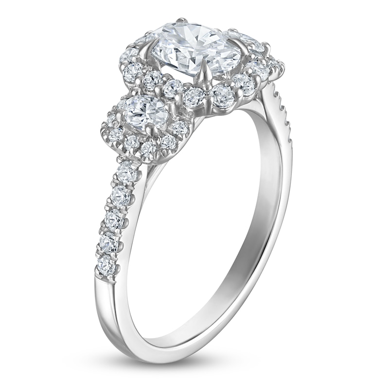 Main Image 2 of Certified Oval-Cut Diamond Three-Stone Halo Engagement Ring 1-3/8 ct tw 14K White Gold