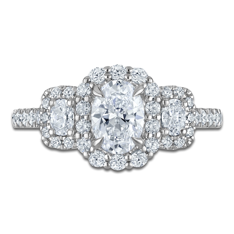 Main Image 3 of Certified Oval-Cut Diamond Three-Stone Halo Engagement Ring 1-3/8 ct tw 14K White Gold