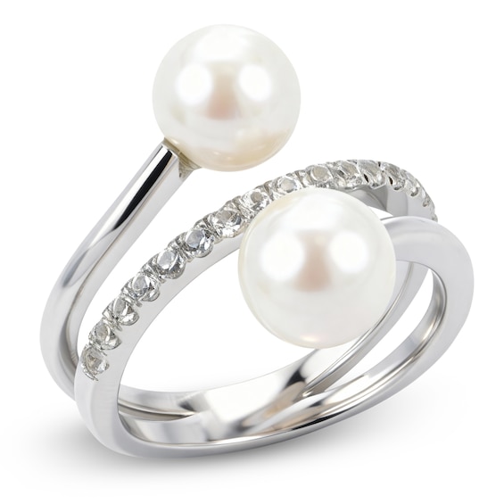 Cultured Pearl & White Lab-Created Sapphire Bypass Ring Sterling Silver