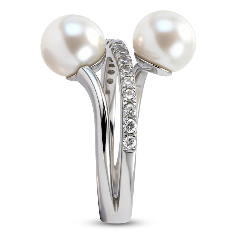 Main Image 2 of Cultured Pearl & White Lab-Created Sapphire Bypass Ring Sterling Silver