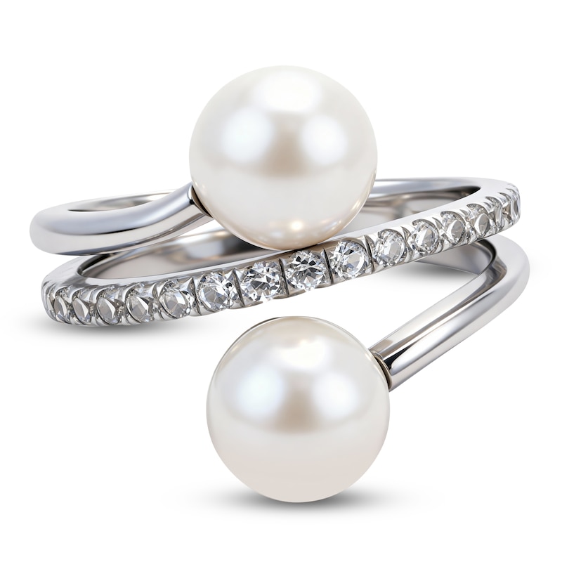 Main Image 3 of Cultured Pearl & White Lab-Created Sapphire Bypass Ring Sterling Silver