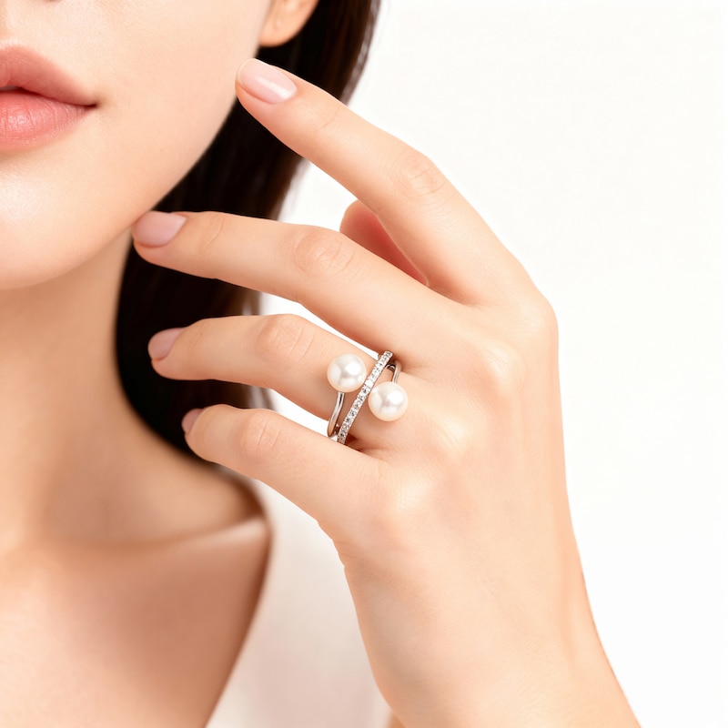 Main Image 4 of Cultured Pearl & White Lab-Created Sapphire Bypass Ring Sterling Silver