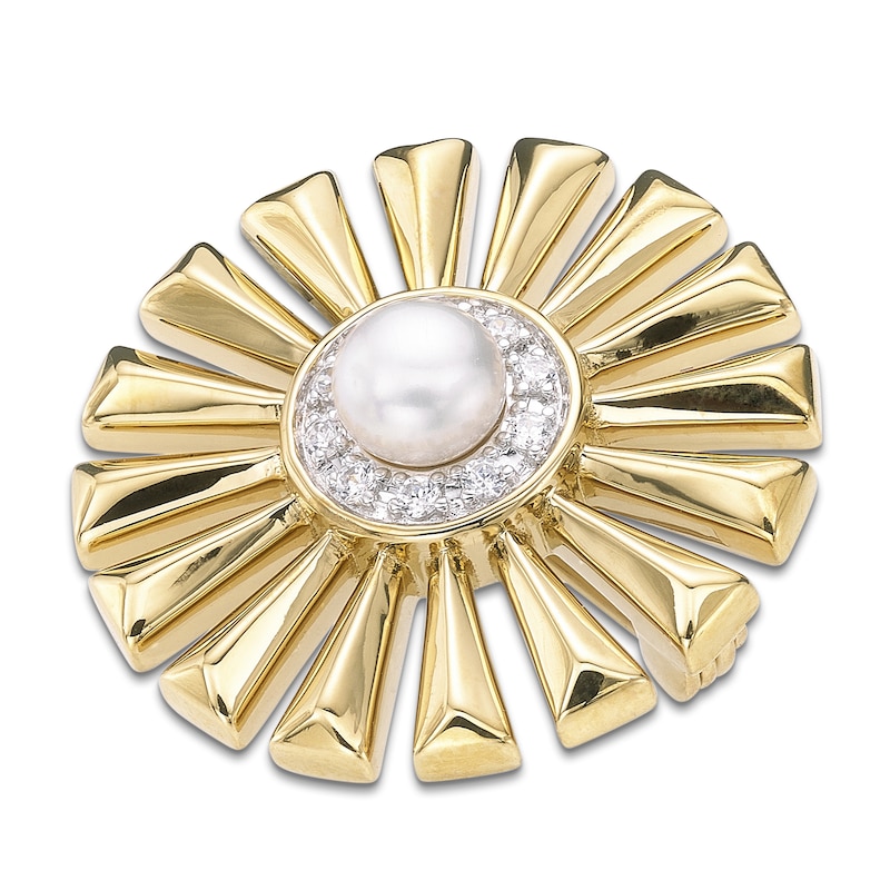 Main Image 3 of Men's Cultured Pearl & White Lab-Created Sapphire Sun Brooch 18K Yellow Gold-Plated Sterling Silver