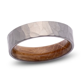 Men's Whiskey Wood Sleeve Interior Hammered Wedding Band Matte Gray Titanium 6mm
