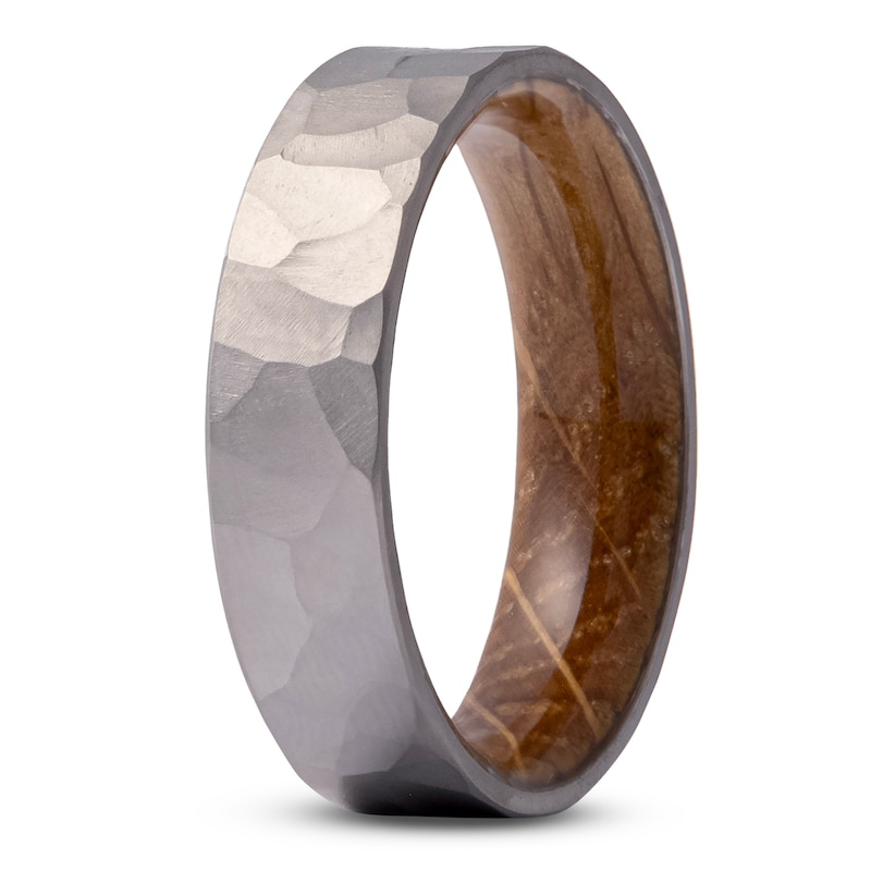 Main Image 2 of Men's Whiskey Wood Sleeve Interior Hammered Wedding Band Matte Gray Titanium 6mm