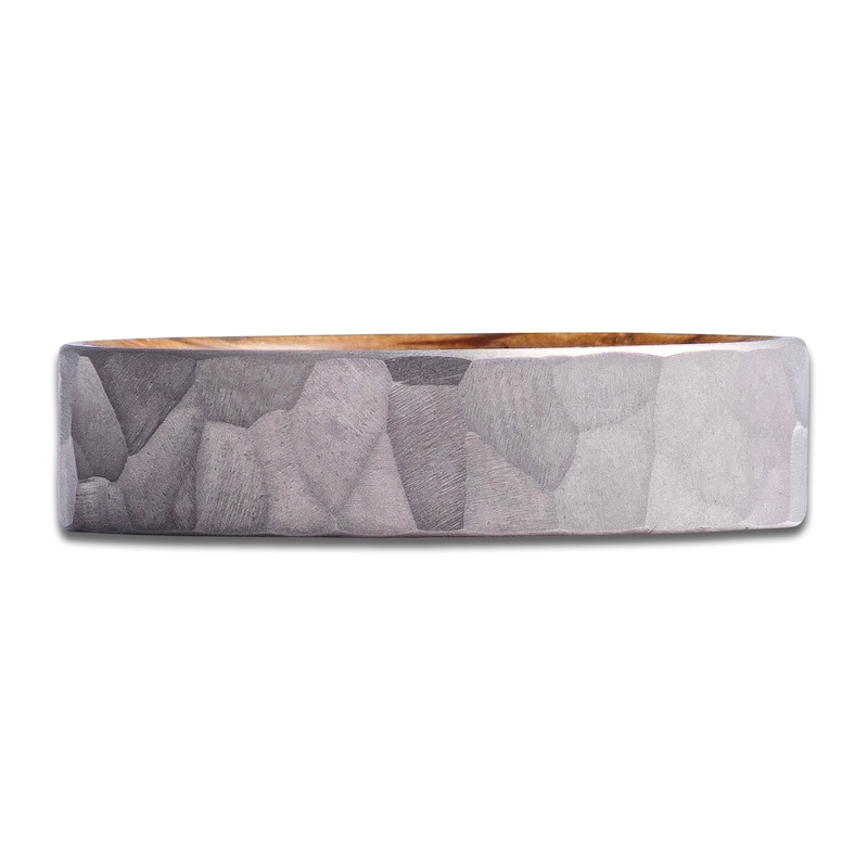 Main Image 3 of Men's Whiskey Wood Sleeve Interior Hammered Wedding Band Matte Gray Titanium 6mm