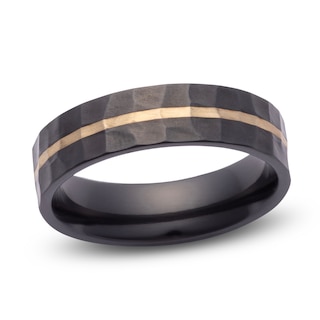 Men's Hammered Stripe Wedding Band Matte Black Zirconium & 14K Yellow Gold 6mm