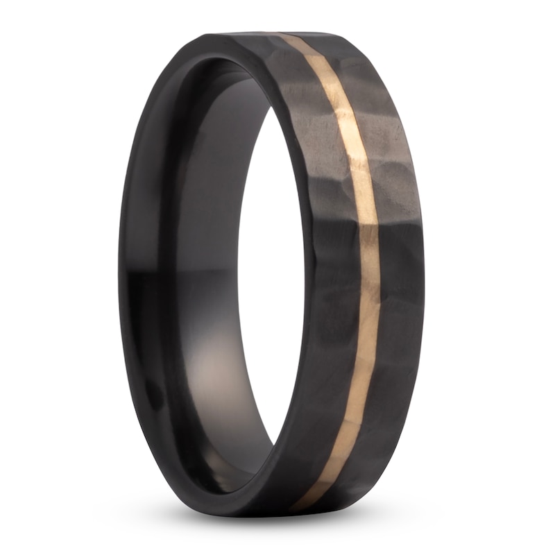 Main Image 2 of Men's Hammered Stripe Wedding Band Matte Black Zirconium & 14K Yellow Gold 6mm