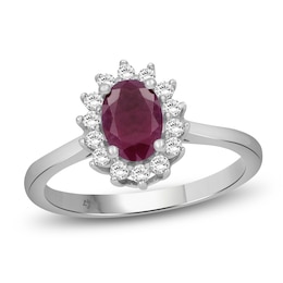 Oval-Cut Certified Natural Ruby & Diamond Starburst Halo Ring 1/5 ct tw 14K White Gold