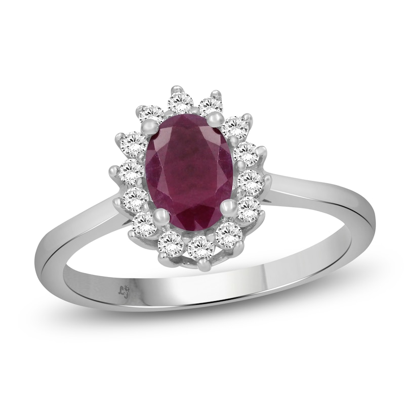 Main Image 1 of Oval-Cut Certified Natural Ruby & Diamond Starburst Halo Ring 1/5 ct tw 14K White Gold