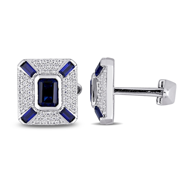 Main Image 1 of Men's White & Blue Lab-Created Sapphire Cufflinks Sterling Silver