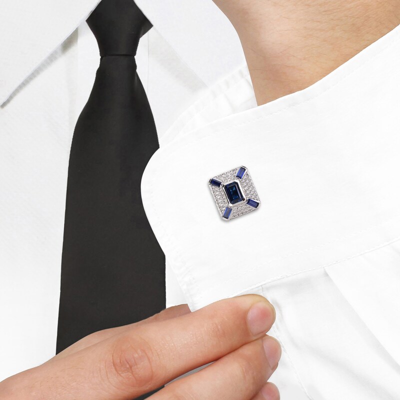 Main Image 3 of Men's White & Blue Lab-Created Sapphire Cufflinks Sterling Silver