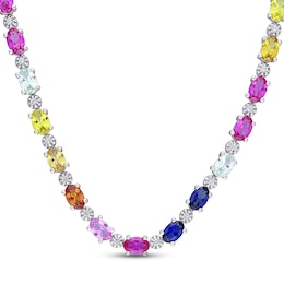 Multi-Color Lab-Created Sapphire Tennis Necklace Sterling Silver 16"