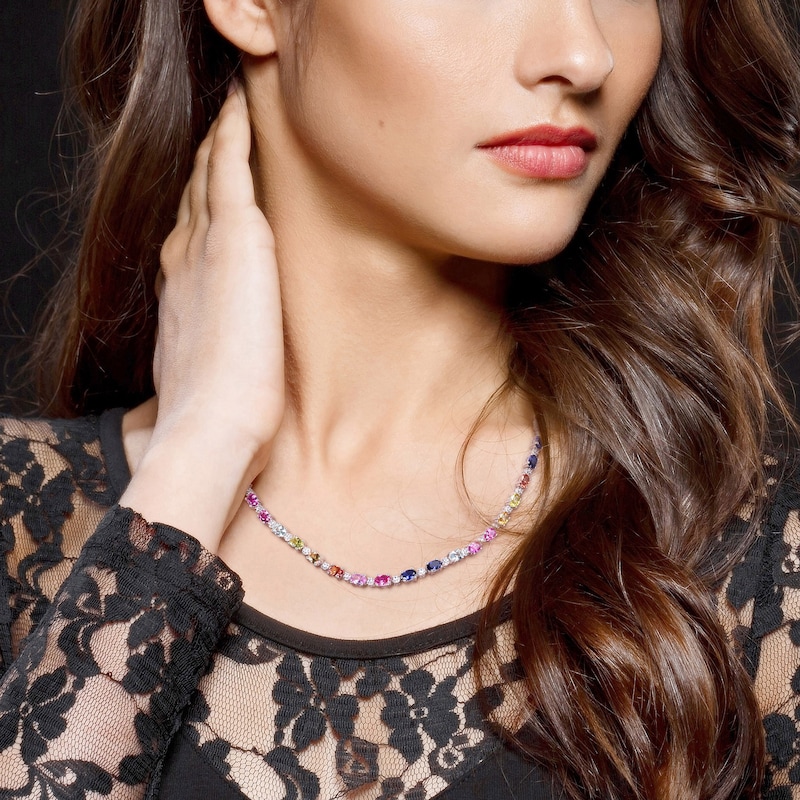 Main Image 3 of Multi-Color Lab-Created Sapphire Tennis Necklace Sterling Silver 16"