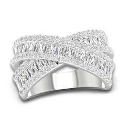 Lab-Created Diamond Criss-Cross Ring 1-3/4 ct tw Round/Baguette 14K White Gold