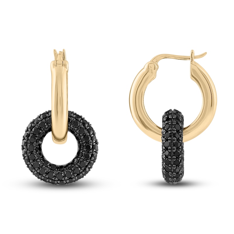 Main Image 1 of Black Diamond Dangle Hoop Earrings 2-1/2 ct tw Round 14K Yellow Gold