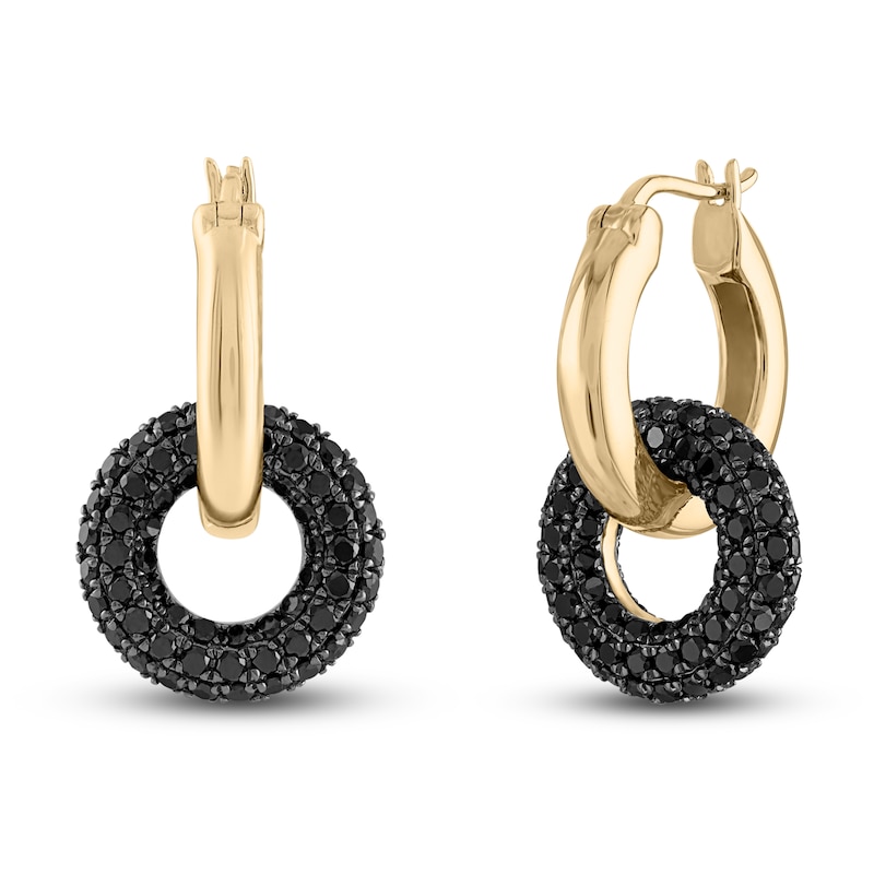 Main Image 2 of Black Diamond Dangle Hoop Earrings 2-1/2 ct tw Round 14K Yellow Gold