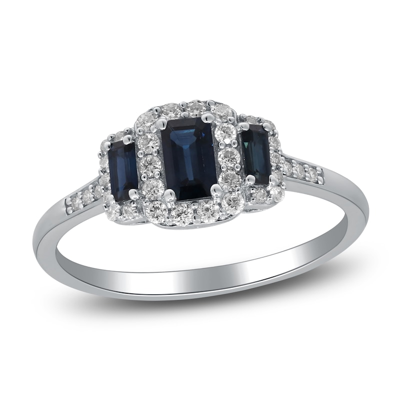 Natural Blue Sapphire & Diamond 3-Stone Ring 1/5 ct tw 14K White Gold ...