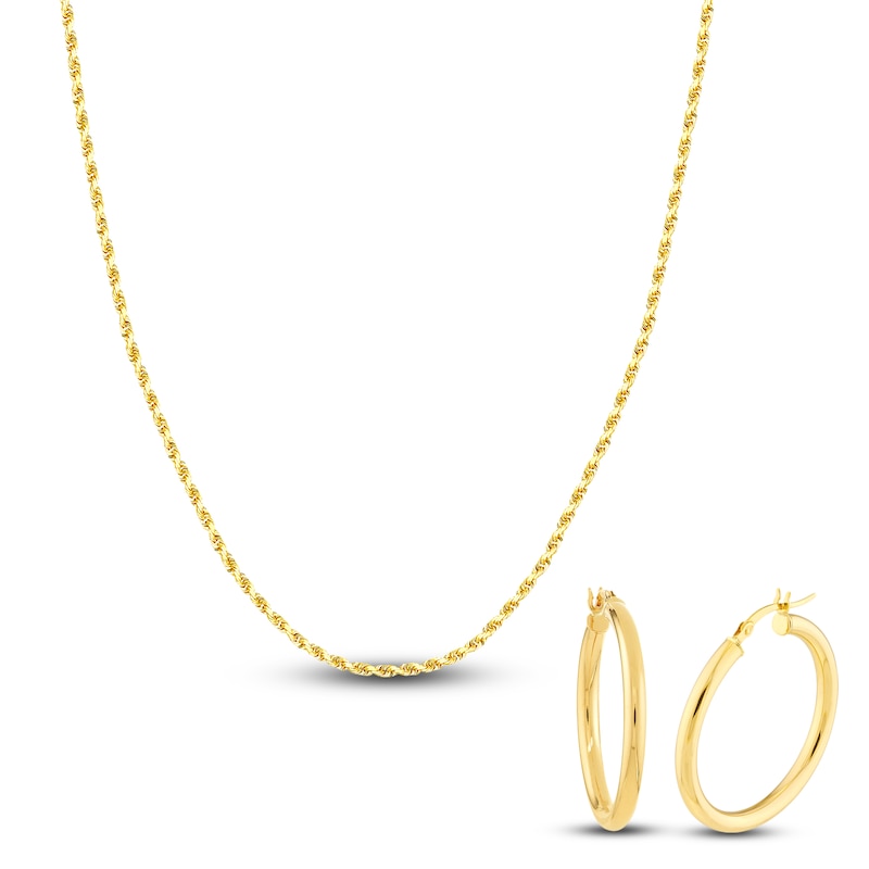 Main Image 1 of Rope Chain Necklace & Hoop Earring Set 14K Yellow Gold 2.3mm