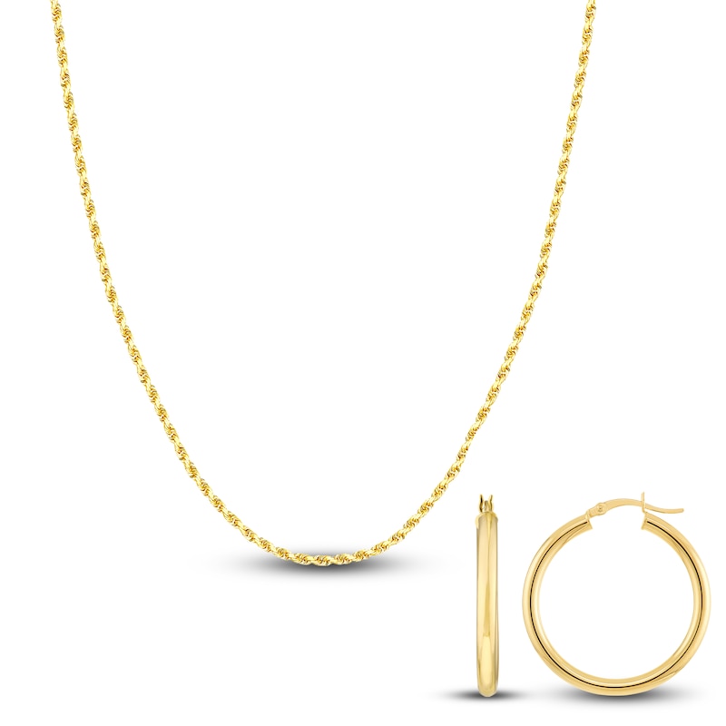 Main Image 2 of Rope Chain Necklace & Hoop Earring Set 14K Yellow Gold 2.3mm