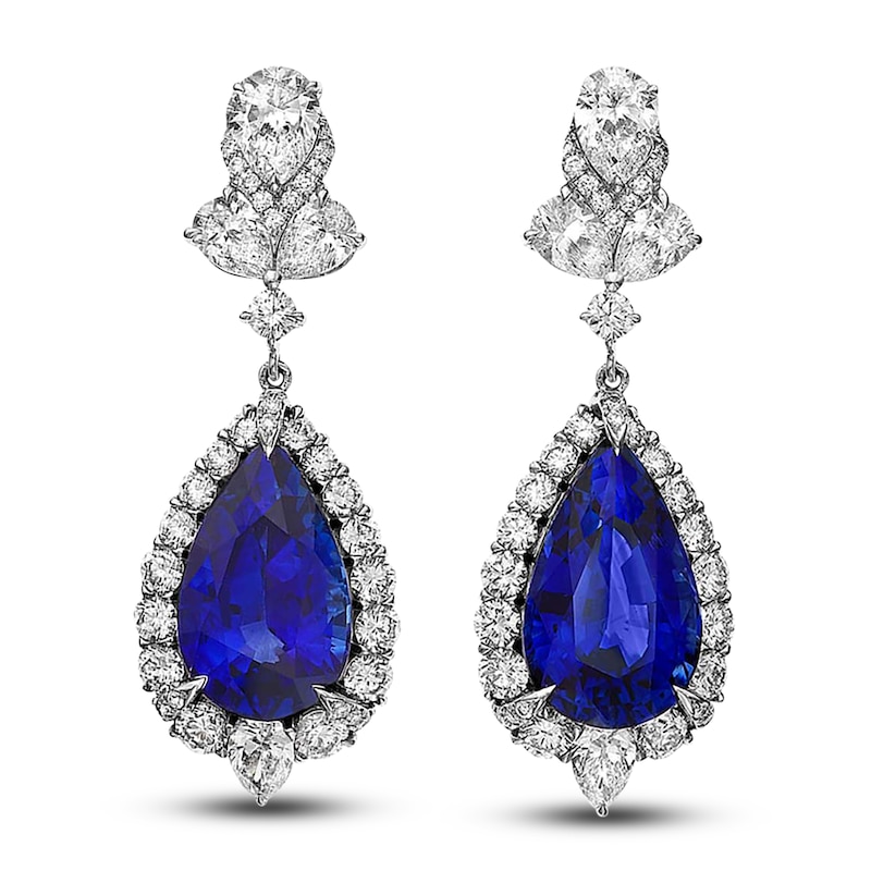 Main Image 1 of Natural Blue Sapphire Drop Earrings  2-3/4 ct tw Round/Pear 18K White Gold