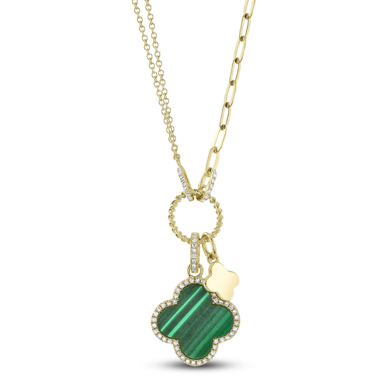 Main Image 1 of Shy Creation Natural Malachite & Diamond Clover Necklace 1/6 ct tw 14K Yellow Gold SC55023332V2