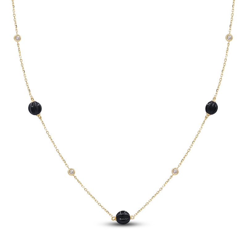 Main Image 1 of Natural Black Onyx Bead & Diamond Station Necklace 1/4 ct tw 14K Yellow Gold 24"