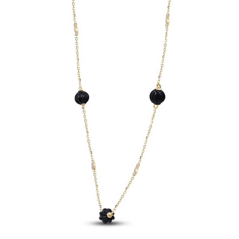 Main Image 2 of Natural Black Onyx Bead & Diamond Station Necklace 1/4 ct tw 14K Yellow Gold 24"