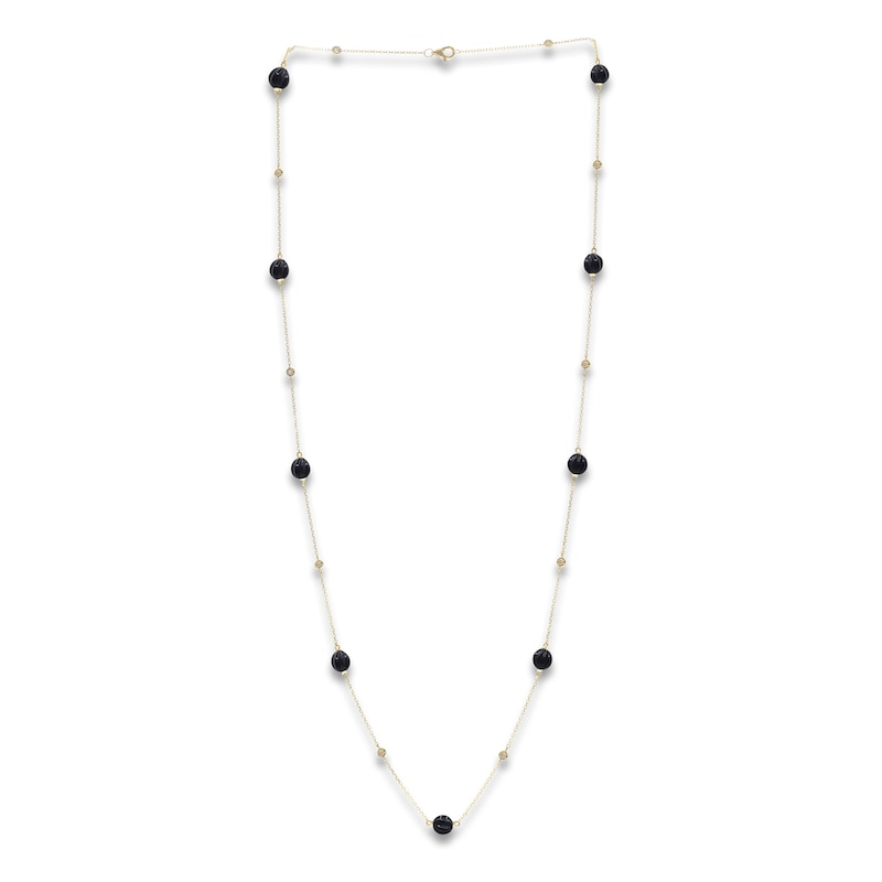 Main Image 4 of Natural Black Onyx Bead & Diamond Station Necklace 1/4 ct tw 14K Yellow Gold 24"