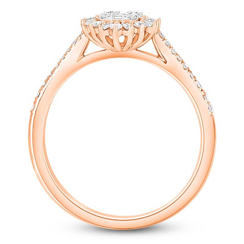 Main Image 2 of Baguette & Round-Cut Multi-Diamond Starburst Halo Promise Ring 1/3 ct tw 10K Rose Gold