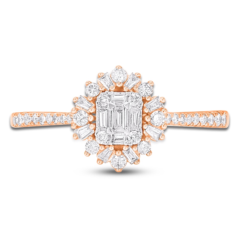 Main Image 3 of Baguette & Round-Cut Multi-Diamond Starburst Halo Promise Ring 1/3 ct tw 10K Rose Gold