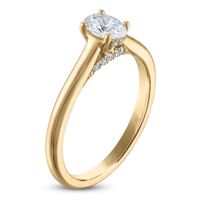 Main Image 2 of Oval-Cut Lab-Grown Diamond Solitaire Plus Engagement Ring 5/8 ct tw 18K Yellow Gold (VS2/F)