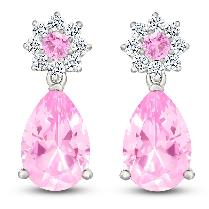 Main Image 1 of Pink & White Lab-Created Sapphire Flower Dangle Earrings Sterling Silver