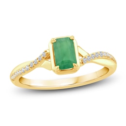 Rectangle-Cut Natural Emerald & Diamond Ring 1/10 ct tw 10K Yellow Gold