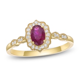 Oval-Cut Natural Ruby & Diamond Arabesque Halo Ring 1/8 ct tw 10K Yellow Gold