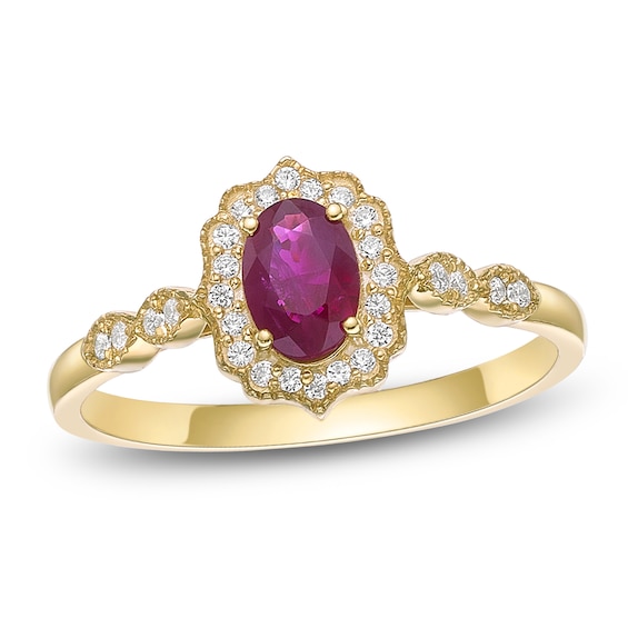 Oval-Cut Natural Ruby & Diamond Arabesque Halo Ring 1/8 ct tw 10K Yellow Gold