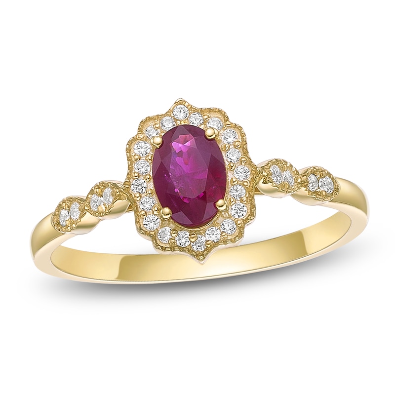 Main Image 1 of Oval-Cut Natural Ruby & Diamond Arabesque Halo Ring 1/8 ct tw 10K Yellow Gold