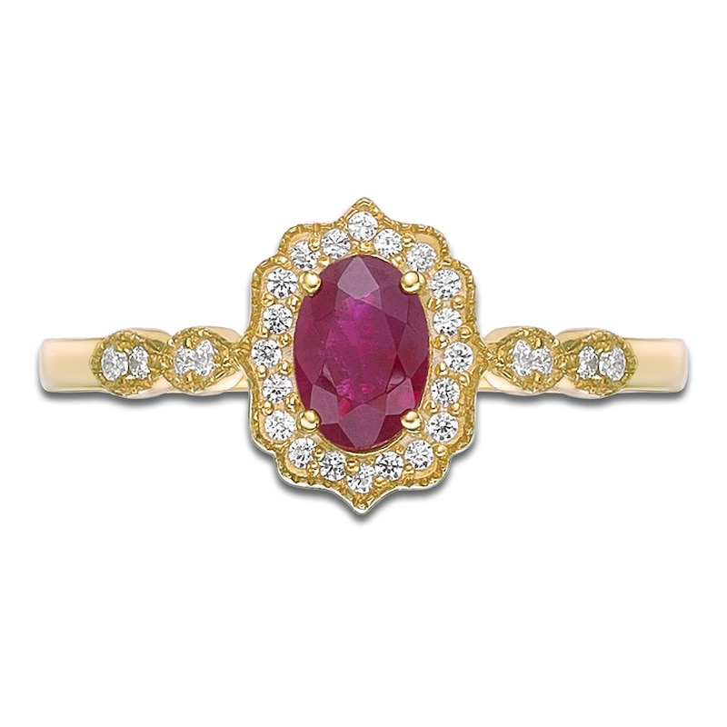 Main Image 3 of Oval-Cut Natural Ruby & Diamond Arabesque Halo Ring 1/8 ct tw 10K Yellow Gold