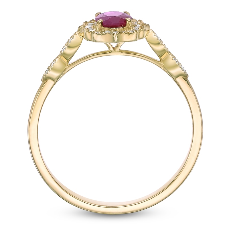 Main Image 4 of Oval-Cut Natural Ruby & Diamond Arabesque Halo Ring 1/8 ct tw 10K Yellow Gold