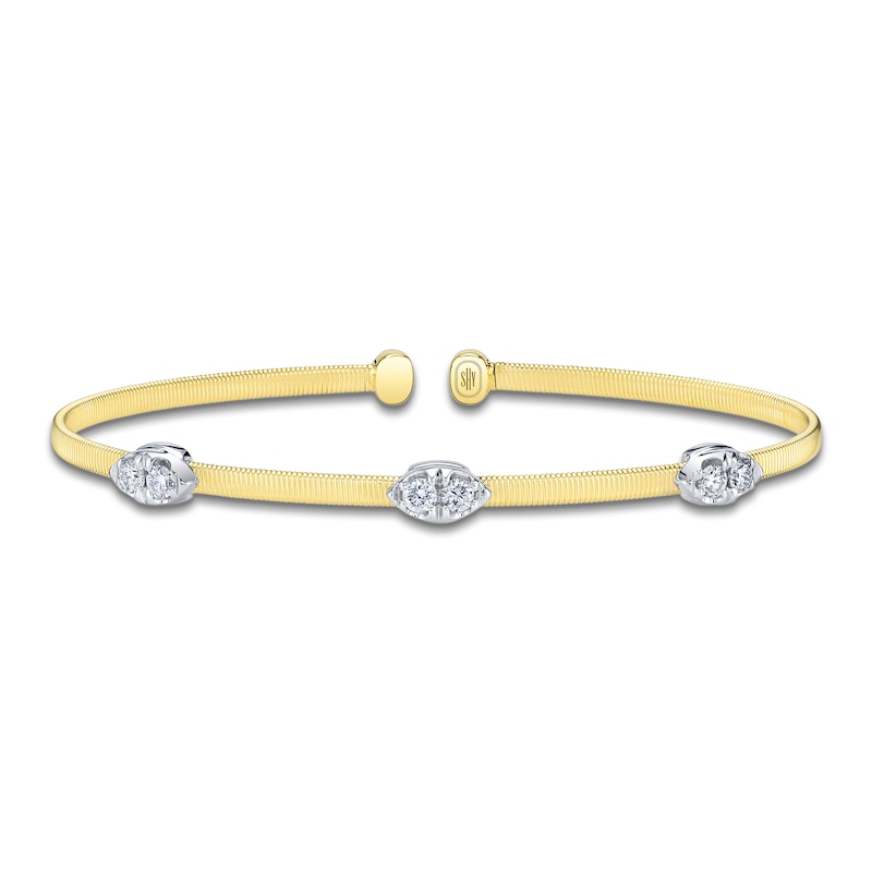 Main Image 1 of Shy Creation Multi-Diamond Station Ribbed Bangle Bracelet 1/3 ct tw 14K Two-Tone Gold