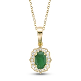 Oval-Cut Natural Emerald & Diamond Arabesque Halo Necklace 1/10 ct tw 10K Yellow Gold 18"