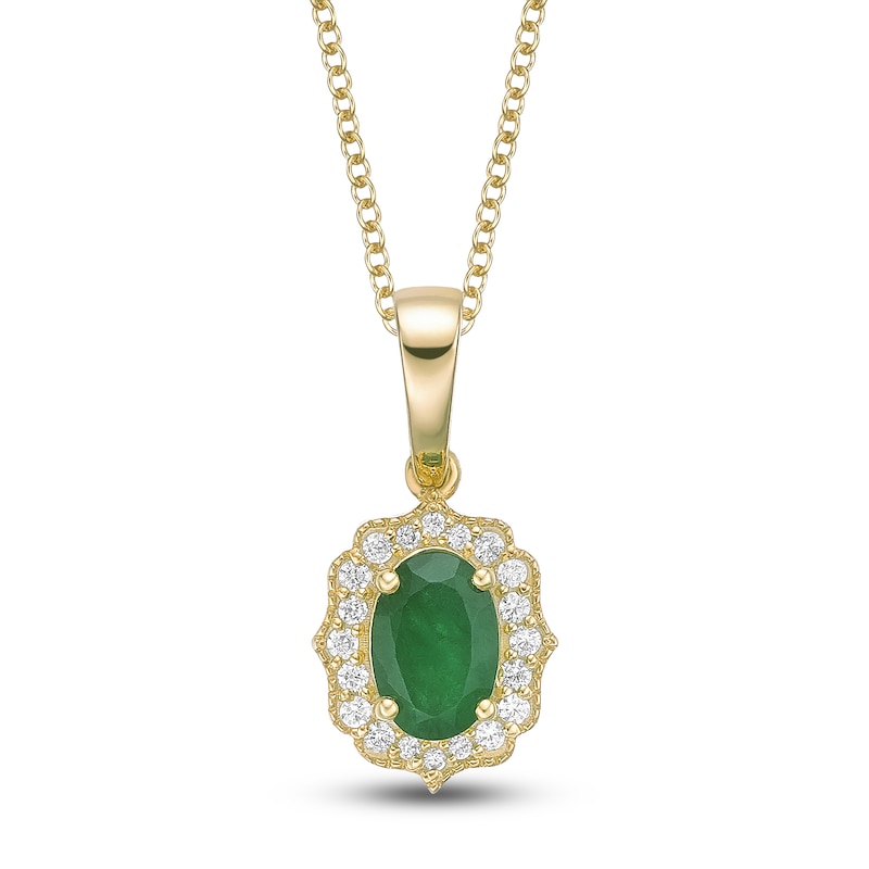 Main Image 1 of Oval-Cut Natural Emerald & Diamond Arabesque Halo Necklace 1/10 ct tw 10K Yellow Gold 18"