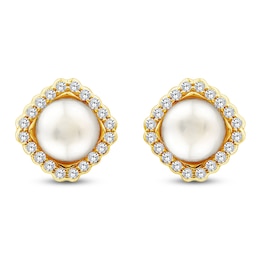 Button Cultured Pearl & Lab-Grown Diamond Halo Stud Earrings 1/3 ct tw 14K Yellow Gold