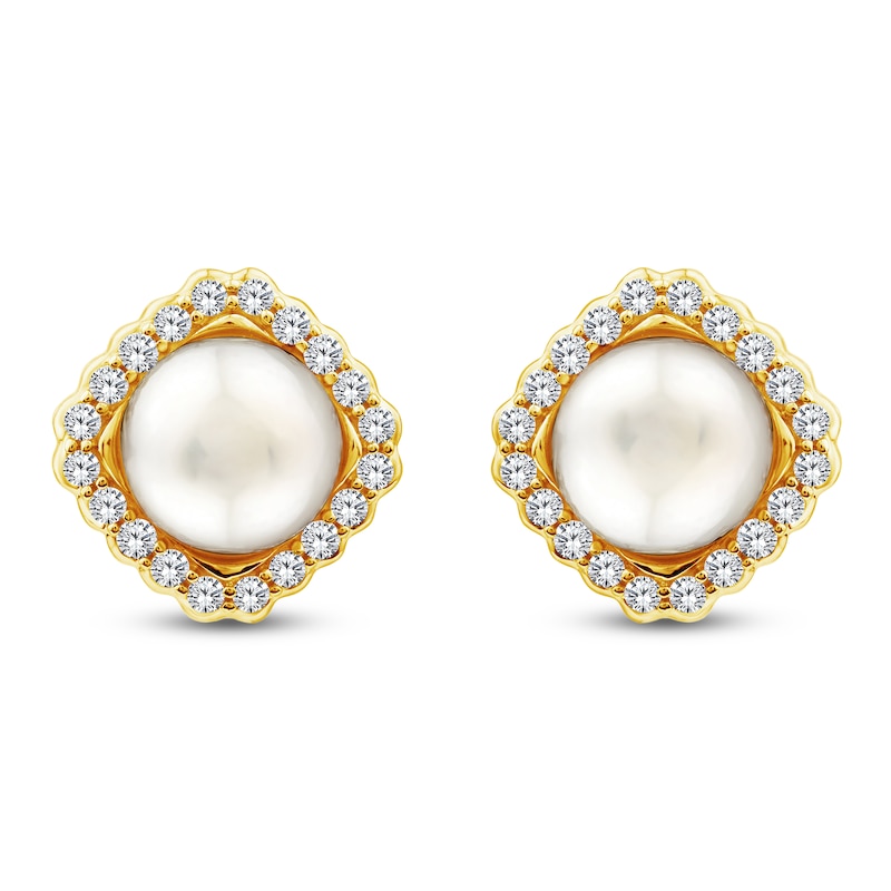 Main Image 1 of Button Cultured Pearl & Lab-Grown Diamond Halo Stud Earrings 1/3 ct tw 14K Yellow Gold