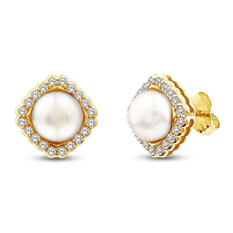 Main Image 2 of Button Cultured Pearl & Lab-Grown Diamond Halo Stud Earrings 1/3 ct tw 14K Yellow Gold