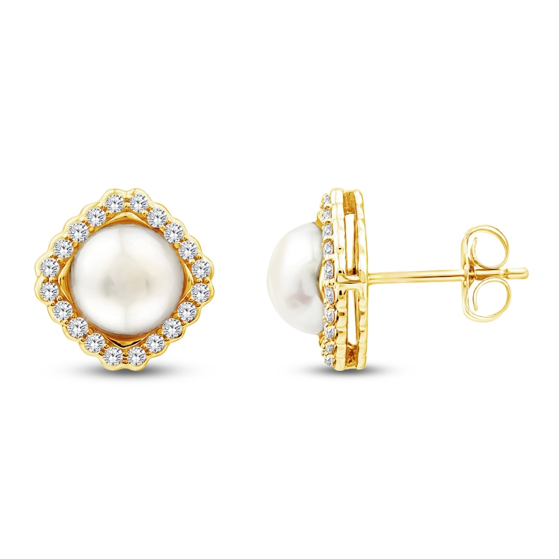 Main Image 3 of Button Cultured Pearl & Lab-Grown Diamond Halo Stud Earrings 1/3 ct tw 14K Yellow Gold