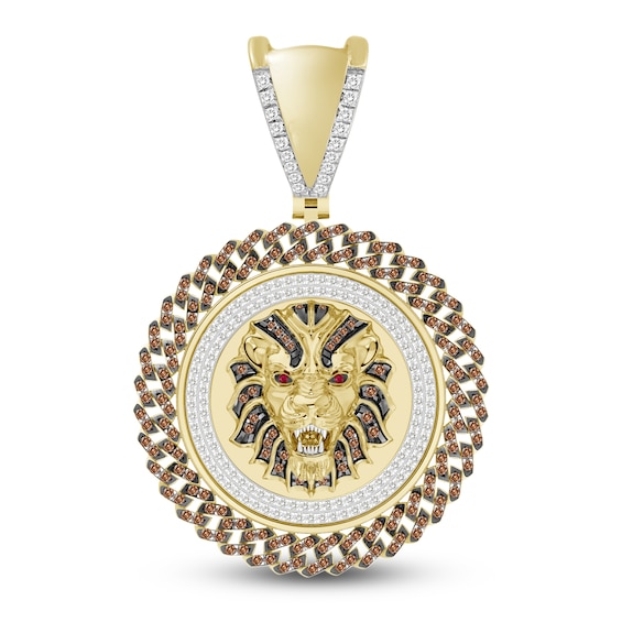 The New Fashioned Men's Lab-Created Ruby Charm 1/4 ct tw Brown & White Diamonds 10K Yellow Gold